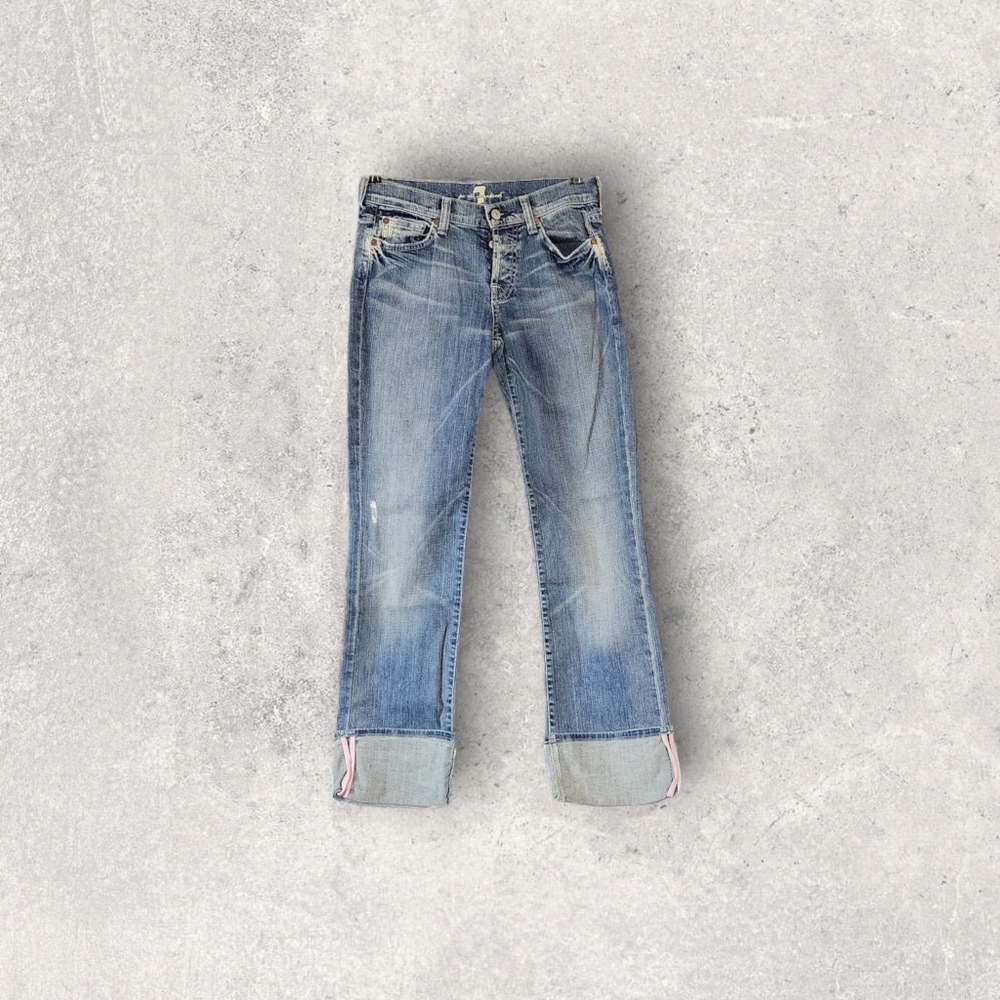 7 For All Mankind Crop Cuff Boy Cut Distressed Jeans 26 Button Fly Faux Selveg